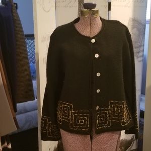 Black Knit jacket with brown/tan trimming.